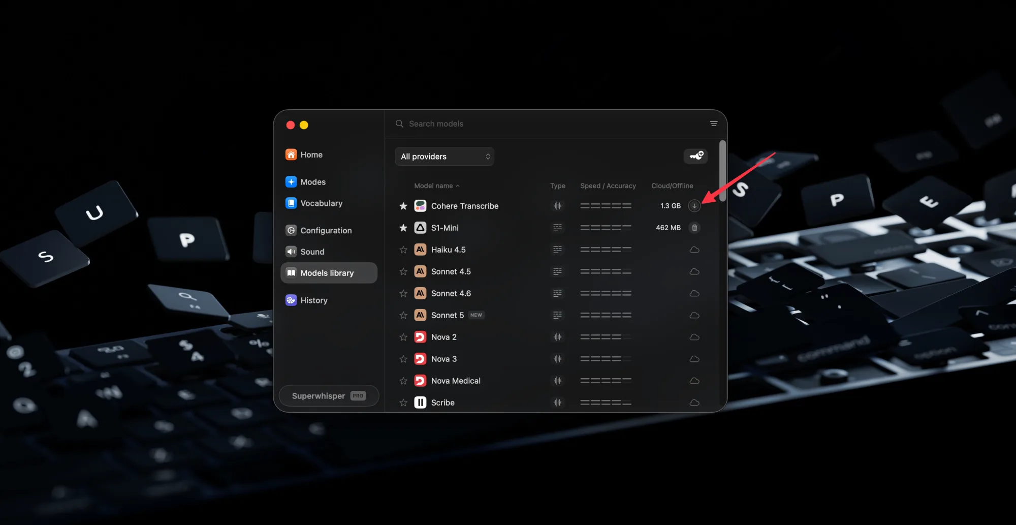 The Superwhisper Models library with Cohere Transcribe at the top, ready to download.
