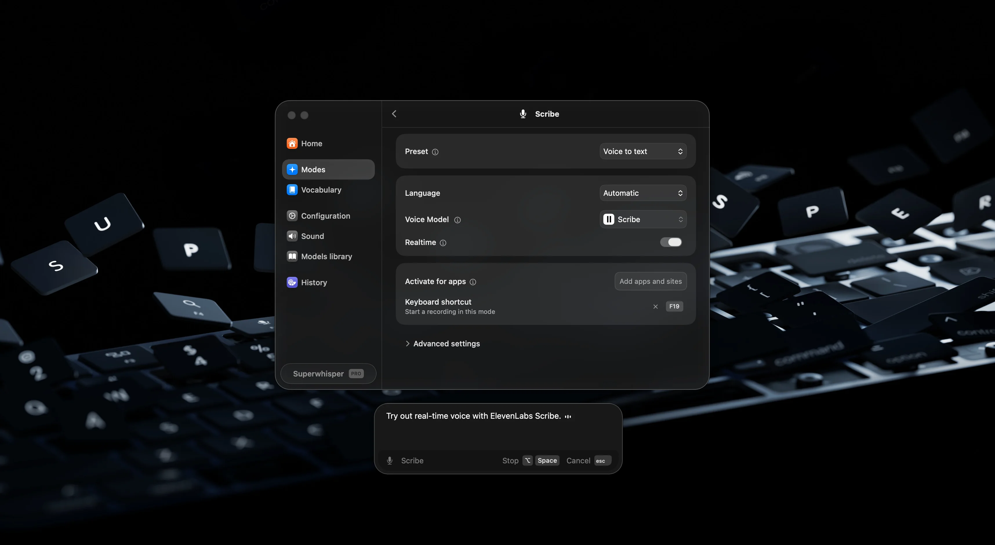 The Realtime toggle enabled for the Scribe mode in Superwhisper