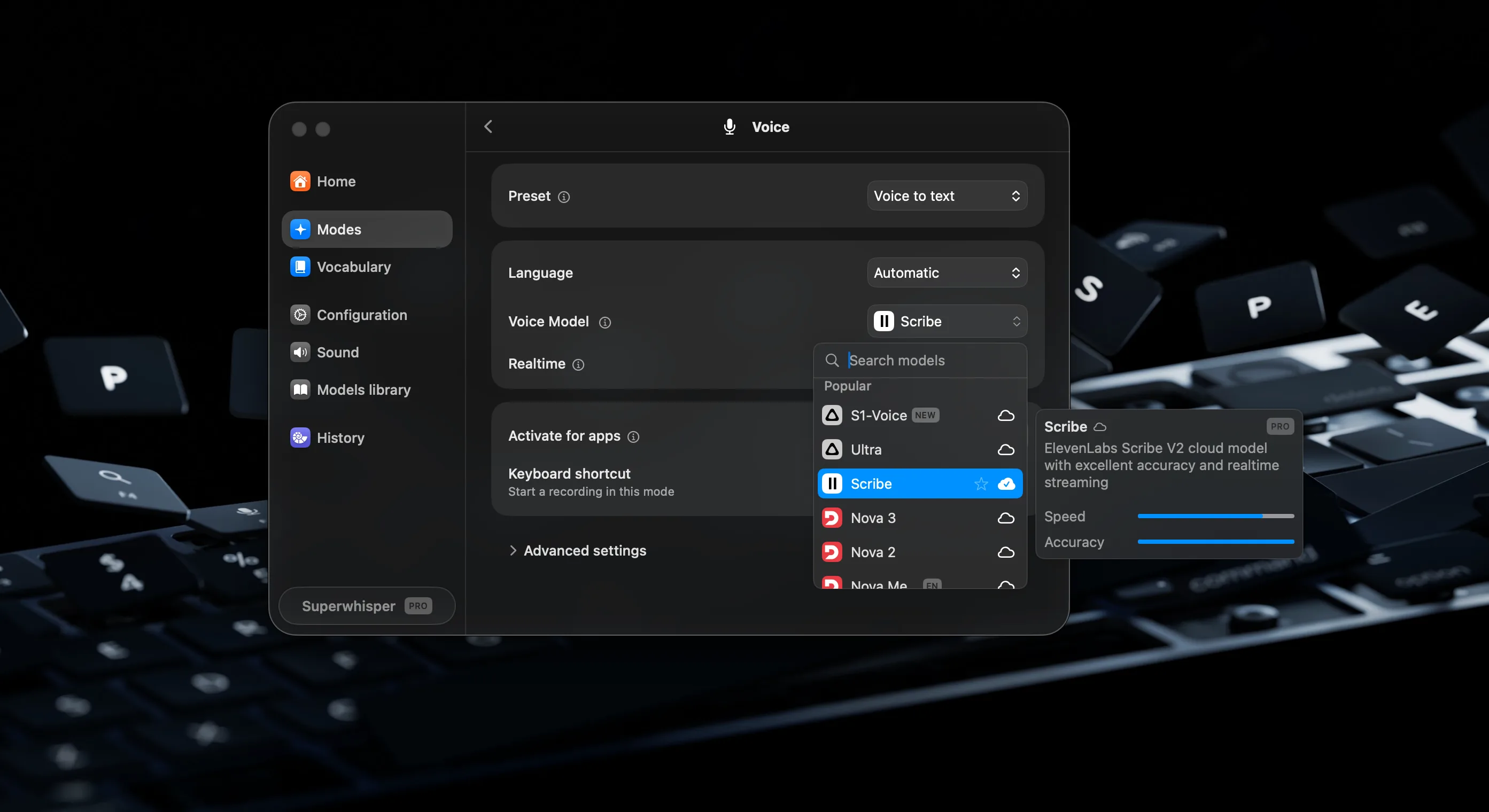 Choosing ElevenLabs Scribe v2 Realtime in the Superwhisper voice model list